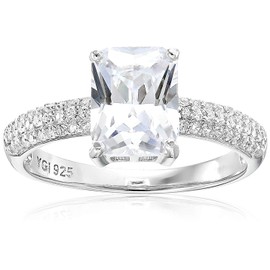 Sterling Silver 7x9mm Emerald Cut Pave Band Cubic Zirconia Engagement Ring