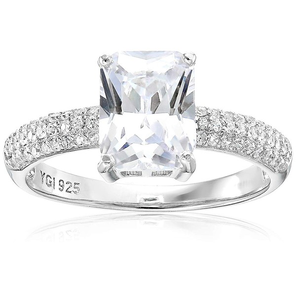 Sterling Silver 7x9mm Emerald Cut Pave Band Cubic Zirconia Engagement