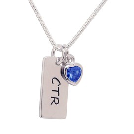 Girl's Sterling Silver CTR Bar Necklace with September Simulated Birthstone Heart Charm