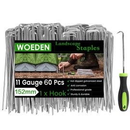 60 Pack 6 Inch Landscape Staples + 1 Hook 11 Gauge Heavy Duty Galvanized Garden Stakes, U-Shaped Ground Pins for Weed Barrier Fabric, Drip Irrigation Tubing, Sod, Lawn & Christmas Outdoor Decorations
