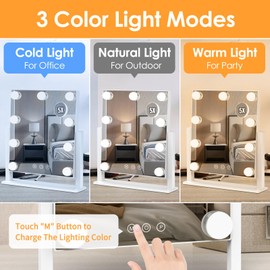 Vanity Mirror with Lights, Hollywood Lighted Makeup Mirror with 3 Color Lighting Modes and 9 Dimmable Bulbs, Detachable 5X Magnification, Smart Touch Control, 360°Rotation, White