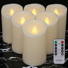 7LinRay Flameless Candles with Remote and Timers, 1000 Hours Long Battery Operated Waterproof Outdoor Indoor LED Pillar Candles for Festival Decor, Ivory Plastic, Set of 6（D3 X H5）