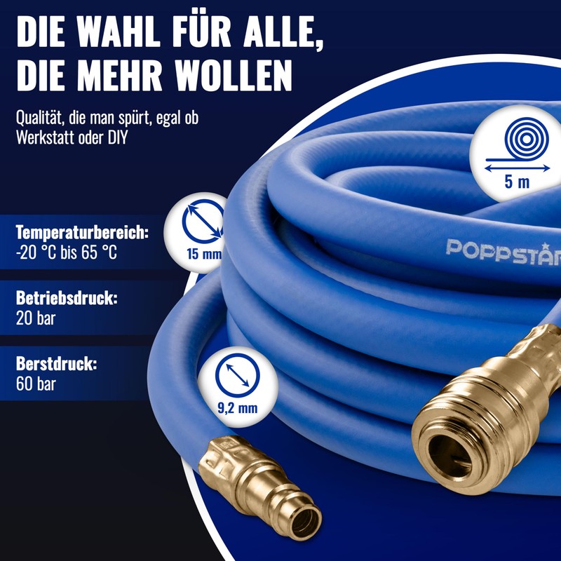 Poppstar Compressed Air Hose 5 m (Hybrid PVC with Fabric,