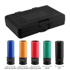 KEILEOHO 5 Pcs 1/2-Inch Drive Wheel Protector Impact Socket, Metric,15 17 19 21 22 MM Impact Lug Nut Socket Set, 6 Point, Color-Coded, Thin Wall Deep Impact Socket Set