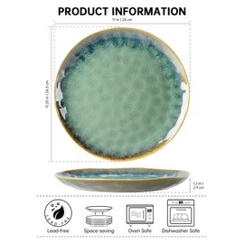 Henten Home Ceramic Dinner Plate Set, 11 Inch Porcelain Pizza, Pasta, Salad Plates, Irregular Shape Steak Plates Set of 4, Stoneware Serving Dishes for Kitchen (Green)