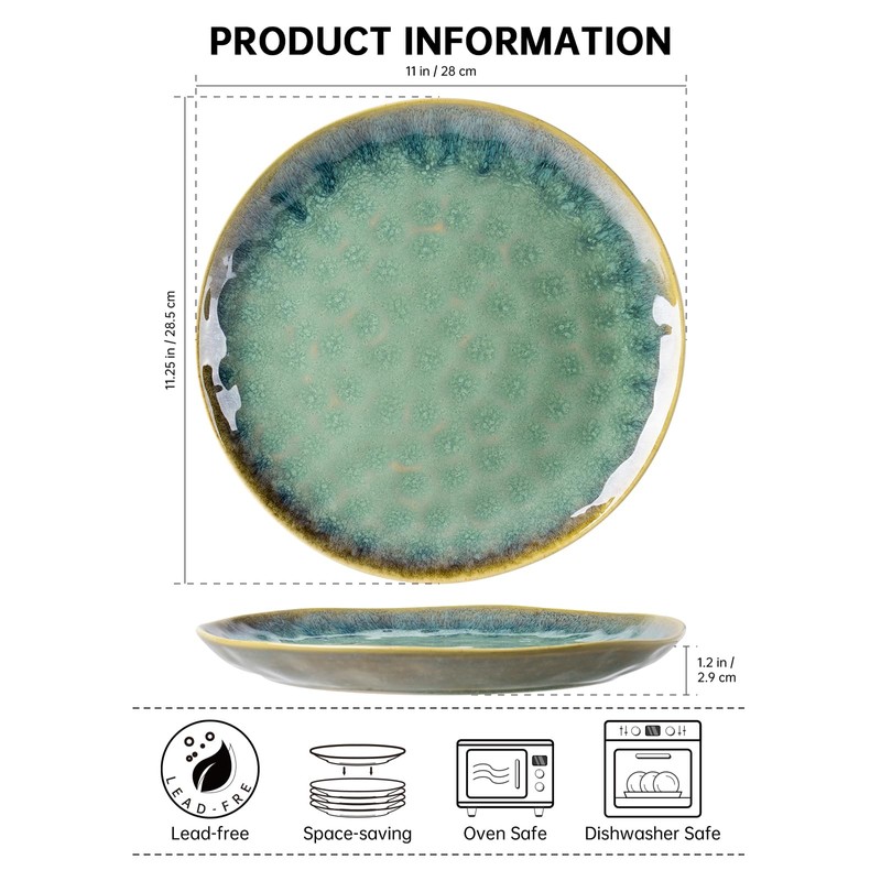 Henten Home Ceramic Dinner Plate Set, 11 Inch Porcelain Pizza,