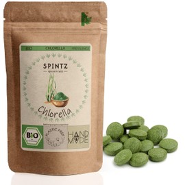 SPINTZ Pack of 500 Organic Chlorella Pellets 100% Controlled Organic Cultivation Vegan Chlorella Tablets 500 mg/Tab Plastic-Free and Sustainably Packed Chlorella Tablets
