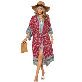 R.Vivimos Cárdigan estilo kimono con estampado floral clásico para mujer, estilo bohemio, para la playa, rojo (DeepRed), M