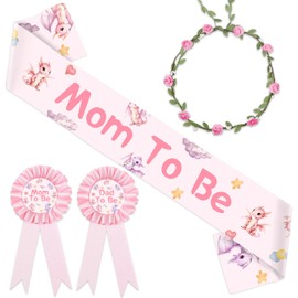 Diartpaint Dragon Baby Shower Decorations, Pink Mom to Be Sash Mom and Dad to Be Tinplate Badge Pins Flower Wreath Headband, Pregnancy Sets Photo Prop Supplies