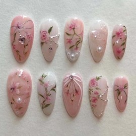 Pink Flower Press on Nails Medium Almond Fake Nails Cute False Nails Press ons with 3D Pearl Rhinestones Designs Acrylic Nails Full Cover Glossy Glue on Nails Stick on Nails for Women Manicure 24Pcs