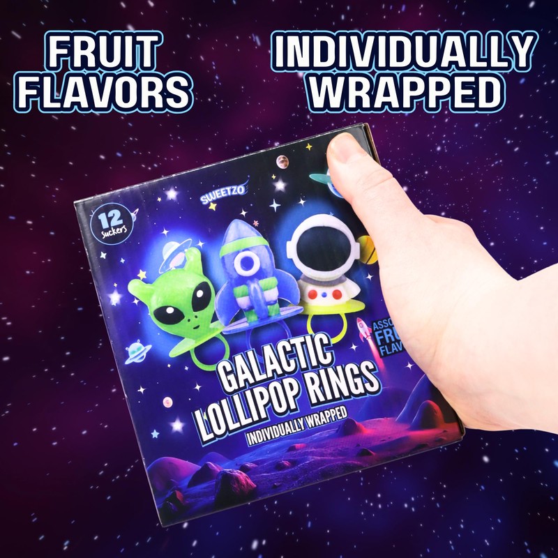 Outer Space Party Favors, Individually Wrapped Galactic Lollipop Rings, Rocketship,