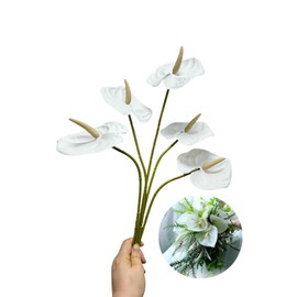 5 PC 24inch Artificial Anthurium Lily Flowers Permanent for Home Decor Bouquet and Green Leaf for Home Bridal Wedding Festival Party, Crafts, Store Decor Small Flower Bouquet Accessories (Pure White)