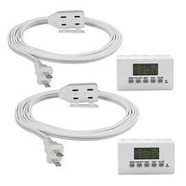 Clear Power Combo Pack: 2-Pack 1-Outlet Grounded EZ Digital Indoor Timer w/6ft & 9ft SPT-2 White 3-Outlet Indoor Extension Cords DCTC-9504-DC
