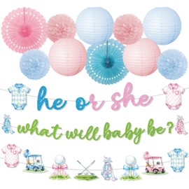 Inisajace Golf Ball Gender Reveal Decorations, 13PCS Blue or Pink Golf Banners with Paper Fans Party Supplies, He or She Paper Poms and Lantern Decoration for Baby Shower Pregnancy Sports