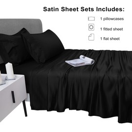 JSD Black Satin Sheet Set Twin Size, 3 Piece Silky Bed Sheets Extra Deep Pocket, Good for Hair and Skin