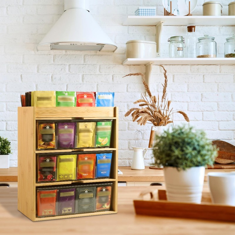 TIMIEEYA Tea Bag Organizer - Bamboo Tea Storage With Drawer