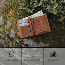 Baur Men's Wallet Genuine Buffalo Leather Wallet with RFID Protection Wallet Portrait Format Wallet with Coin Compartment Wallet with Many Card Slots, brown, Portrait format standard