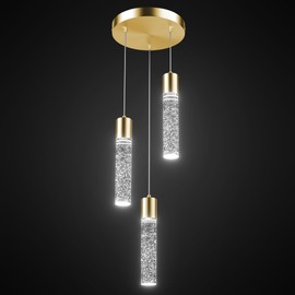 Esfos Pendant Lights Kitchen Island 3-Light, 6500K Modern Kitchen Island Lights Ceiling Lighting Fixtures with Crystal Bubble, Integrated LED Cold White Hanging Light Dining Room Light Brushed Gold