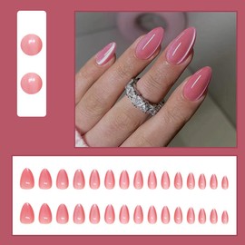 30 Pcs Spring Press on Nails Extra Short Almond - LINMEIZAI Short French Tip Fake Nails Press ons Nail Tips Glue on Nails Full Cover Acrylic Nail Kit False Nail Pure Rose Red Nail Art Design for Women