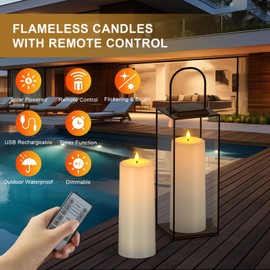 SoulBay 10" x 4" Flameless USB Rechargeable Candles, Solar Powered Waterproof Electric LED Flickering Pillar Candles with Remote Timer Dusk to Dawn Sensor for Outdoor Indoor Lanterns Porch Decor
