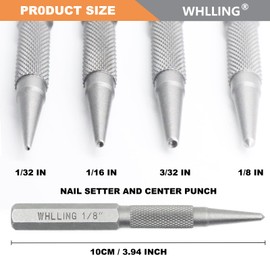 WHLLING 4-Piece Nail Setter Punch and Center Punch Set, Heat Treated Alloy Steel with Knurled Grip Most Commonly Used Sizes for Carpenters Woodworkers