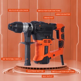 BHTOP Demolition Jack Hammer for Concrete,1-1/4 Inch Hammer Drill with Safety Clutch 4 Functions Cand Variable Speed with Drill Bits and Chisels for Concrete, Stone, Brick, Storage Case Included