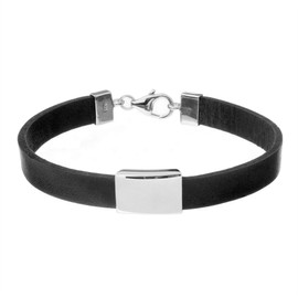 Silverly Men's 925 Sterling Silver Black Leather Engravable Bead Wristband Bracelet, 8"