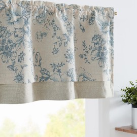 TOPICK Linen Valance Curtain Vintage Floral Small Window Curtain Double Layer Blackout Valance for Kitchen Rustic Valance for Living Room Bedroom 18 Inch Rod Pocket 1 Panel Blue on Beige