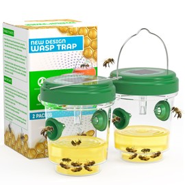 Wasp Traps Outdoor Hanging, 2 Pack Solar Powered Carpenter Bee Yellow Jacket Trap Traps for Outside with Rubber Whiskers and LED Light