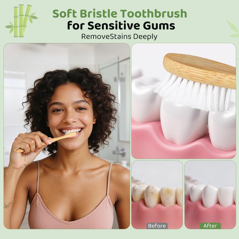 Bamboo Toothbrushes 10 Pack, BPA Free Plant Based Soft Bristle