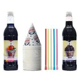 Snow Cone Kit - Bundle of 2 Flavored Syrup Bottles, Spoon Straws, Cups - Snow Cone Supplies for Ice Chips, Sodas, & More