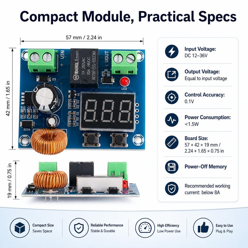 12V–36V DC Low Voltage Cutoff Module, Programmable Battery Voltage Protector