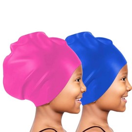 Kids Extra Large Swim Cap for Long Hair, Waterproof Silicone Swimming Caps for Boys Girls Children Youth Teen, Large Swim Hat for Long Thick Curly Hair & Dreadlocks Braids Weaves Afro Hair - Color: Blue+Rose