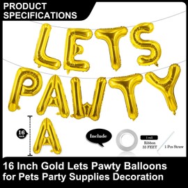 9 Pcs Lets Pawty Balloons Banner 16 Inch, Dog Cat Pet Birthday Letters Sign Lets Pawty Balloons Happy Birthday Banner for Pet Dog Cat Party Supplies Decorations (Gold)