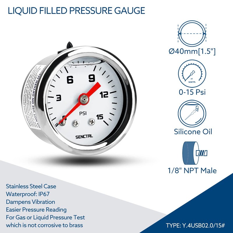 SENCTRL 0-15 Psi Fuel Pressure Gauge, 1-1/2" Dial Size, 1/8"
