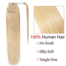 Ponytail Extension Human Hair 100% Real Remy Hair 22inch Wrap Around Ponytail Clip in Hair Extensions Long Straight - #613 Bleach Blonde