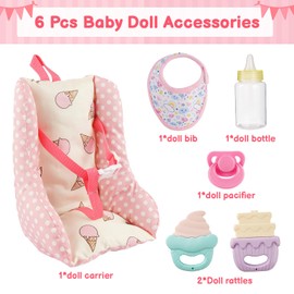 BABESIDE Baby Doll Car Seat, Doll Carrier Toy, Baby Doll Accessories with Bib, Rattle, Doll Bottle Feeding Set for 10-12 Inch Dolls