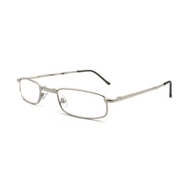 EYE ZOOM 2 Pairs Compact Rectangular Metal Folding Reading Glasses with Hard Case Comfort Fit for Men and Women, Silver Frame, Light Brown Case, +2.00 Strength