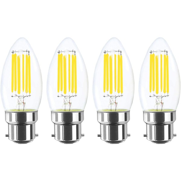 Lamsky 6W B22 Bayonet LED Filament Candle Light Bulb,6000K Daylight White 600LM,C35 Shape Bullet Top,60W Incandescent Equivalent,Non-dimmable(4-Pack)
