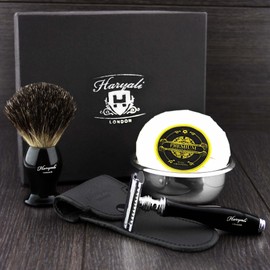 Haryali London 5 Pcs Men's Shaving Kit with Double Edge Safety Razor, Badger Hair Brush, Steel Bowl, Soap + Leather Pouch Perfect Set