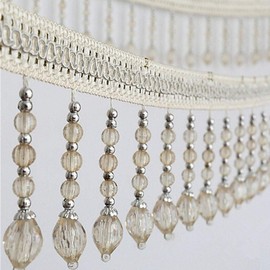 Yalulu 4 Yards Fringe Tassel Trim, Braided Beads Hanging Ball Tassel Fringe Trim Trimming Ribbon for Curtains Table Sewing Fabric (White)