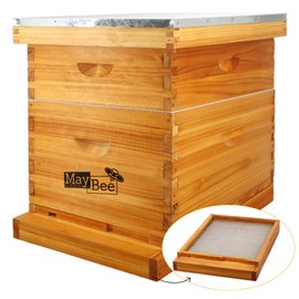 MayBee 10 Frame Screened Bottom Board Beehive Dipped in 100% Beeswax, Bee Hives Kit Includes 1 Deep Boxes & 1 Medium Box with Beehive Frames and Wax Foundations. Preferred for Summer