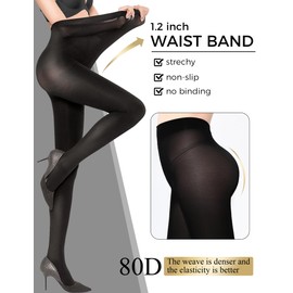 Buauty 80D Black Tights for Women,Control Top Opaque Tights,High Waist Soft Nylon Pantyhose(1 pair)