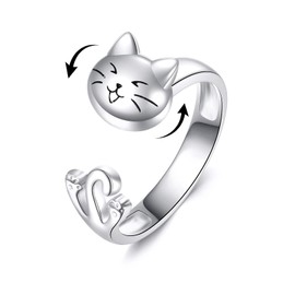 Grmdit Cat Anxiety for Women Ring Sterling Silver Cat Spinner Fidget Rings Relieve Open Adjustable Thumb Rings Stress Jewelry Gifts for CatLovers