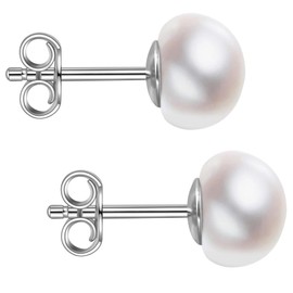Impalsory Handmade Freshwater Real Pearl Stud Earrings, Sterling Silver White Button AAAA+ Quality Pearl Earrings for Women 8-8.5MM