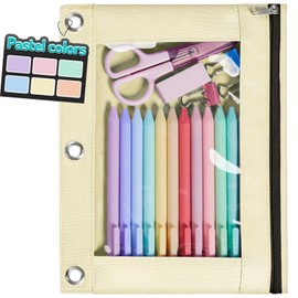 Forvencer Pencil Pouch for 3 Ring Binder, Pastel Pencil Case with Smooth Zipper, Cute Soft Pencil Bag with Clear Window & 3 Reinforced Grommets, Big Capacity Binder Bag, School Office Supplies, Yellow