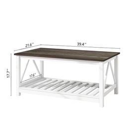 UYIHOME Farmhouse Coffee Table for Living Room, 2-Tier Rectangular Wooden Centre Cocktail Table with Slats Shelf Storage and V-Shaped Frame, Dark Oak