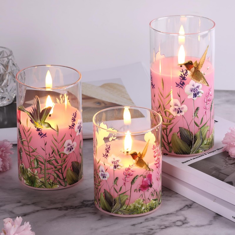 Girimax Pink Hummingbird Glass LED Candles with Remote, Flickering Flameless