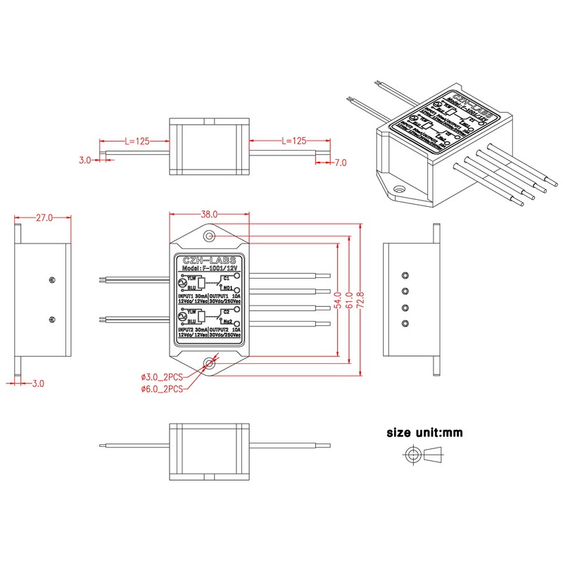 Electronics-Salon 1PCS Dual SPST-NO 10Amp Power Relay Module, AC/DC 12V