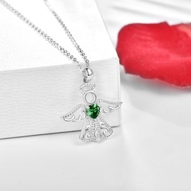 TANGPOET Guardian Angel Necklace Women's 925 Sterling Silver Angel Wings Chain Heart Birthstone Zirconia Angel Jewellery Gifts for Women Girls Daughter, Sterling Silver